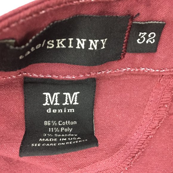 NWT MM DENIM Dark Red Glittery TATE Mid-Rise Logo Hardware Slim Fit Skinny Jeans - Picture 3 of 9
